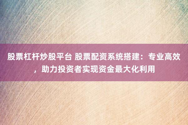 股票杠杆炒股平台 股票配资系统搭建：专业高效，助力投资者实现资金最大化利用