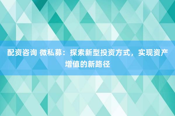 配资咨询 微私募：探索新型投资方式，实现资产增值的新路径